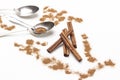 Cinnamon sticks among ground cinnamon, metal spoons on table