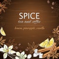 Cinnamon sticks, lemon, star anise and coffee on wood texture background. Vector banner with spices for tea and coffee, vector Royalty Free Stock Photo