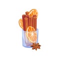 Cinnamon sticks and orange slices in a glass tumbler. Vector illustration on white background.