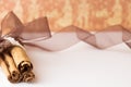 Cinnamon sticks with organza ribbon and burlap Royalty Free Stock Photo