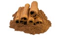 Cinnamon sticks and powder close-up view, macro photography, isolated on white background high quality details Royalty Free Stock Photo