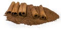 Cinnamon sticks and powder close-up view, macro photography, isolated on white background high quality details Royalty Free Stock Photo