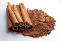 Cinnamon sticks and powder close-up view, macro photography, isolated on white background high quality details Royalty Free Stock Photo