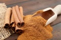 Cinnamon sticks and powder in scoop Royalty Free Stock Photo