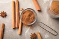 Cinnamon sticks, powder and sieve on grey background Royalty Free Stock Photo