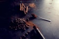 Cinnamon sticks powder in spoons coffee beans Royalty Free Stock Photo