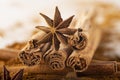 Cinnamon sticks and powder with star anise on copy space Royalty Free Stock Photo