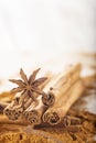 Cinnamon sticks and powder with star anise on copy space Royalty Free Stock Photo