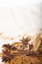 Cinnamon sticks and powder with star anise on copy space Royalty Free Stock Photo