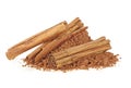 Cinnamon sticks and powder, white background. Ceylon cinnamon