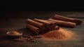 Cinnamon sticks and cinnamon powder on wood Royalty Free Stock Photo