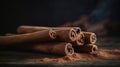 Cinnamon sticks and cinnamon powder on wood, generative ai Royalty Free Stock Photo