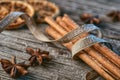 Cinnamon sticks with ribbon, spices and walnuts on wooden table, wishing merry christmas