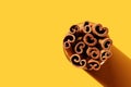 Cinnamon sticks in round glass on deep yellow background. Poster, banner with copy space. Cross section of cassia tree bark.