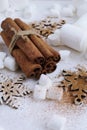 Cinnamon sticks,snowflake and marshmallows for christmas