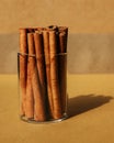 Cinnamon sticks stand upright in glass. Vertical monochrome brown poster. Eastern spice for coffee, hot chocolate. Natural organic