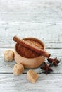 Cinnamon sticks , star anise and brown sugar Royalty Free Stock Photo