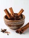 Cinnamon Sticks and Star Anise in a Ceramic Bowl on White Background Royalty Free Stock Photo