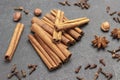 Cinnamon sticks, Star anise, cloves and nuts - Traditional Christmas spices Royalty Free Stock Photo