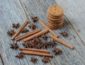 Cinnamon sticks, star anise and gingersnap cookies Royalty Free Stock Photo