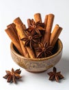 Cinnamon Sticks and Star Anise in Small Bowl on White Background Royalty Free Stock Photo