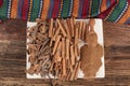 Cinnamon sticks on a wooden background. Cinnamon spice in a spoon and bowl. Ceylon cinnamon. Cinnamon dried bark strips and Royalty Free Stock Photo