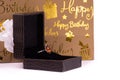 Cinnamon stone ring in lather box with carry bag on white background. Happy birthday concept