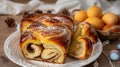 Cinnamon swirl bread with powdered sugar on white plate