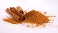 Cinnamon - three sticks and powder Royalty Free Stock Photo