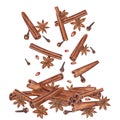 Cinnamons sticks, star anise, dried cloves. Winter aromatic spices for hot drinks and Xmas baking. Composition isolated on white.