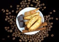 Cinnanon sticks, chocolate, bisquits and coffee Royalty Free Stock Photo