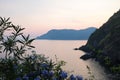 Cinque Terre, Italy - view of the sea at sunset from Vernazza, a seaside village on the rugged Italian Riviera coast. Royalty Free Stock Photo