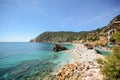 Cinque Terre: View to the beach of Monterosso al Mare in early summer, Liguria Italy Royalty Free Stock Photo