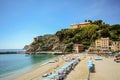 Cinque Terre: View to the beach of Monterosso al Mare in early summer, Liguria Italy Royalty Free Stock Photo