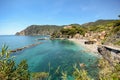 Cinque Terre: View to the beach of Monterosso al Mare in early summer, Liguria Italy Royalty Free Stock Photo