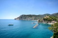 Cinque Terre: View to Monterosso al Mare beach from the Vernazza hiking trail in early summer, Liguria Italy Royalty Free Stock Photo