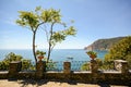 Cinque Terre: View to the sea with a ferry boat near Monterosso al Mare in early summer, Liguria Italy Royalty Free Stock Photo