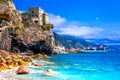 Cinque terre villages, Monterosso al mare , view with castle and sea. Royalty Free Stock Photo