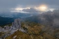 Cinque Torri is in the foreground, Monte Antelao is in the background.