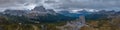 Cinque Torri is in the foreground, Monte Antelao is in the background.