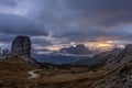 Cinque Torri is in the foreground, Monte Antelao is in the background.