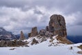 THE CINQUE TORRI HIKING TRAIL THROUGH DOLOMITE DURING AUTUMN-WINTER