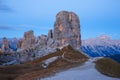 Cinque Torri rock formation under evening sun, Dolomite Alps Royalty Free Stock Photo