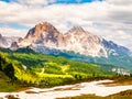 Cinque Torri rock towers and Tofana Mountains on sunny summer day, Dolomites, Italy