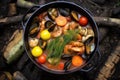 cioppino cooking on campfire at a cozy campsite