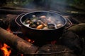 cioppino pot simmering on campfire, smoke billowing