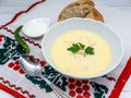 Ciorba de burta or romanian tripe soup served with hot pepper