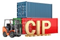 CIP concept. Forklift truck with cargo containers, 3D rendering Royalty Free Stock Photo