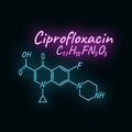 Ciprofloxacin antibiotic chemical formula and composition, concept structural drug, isolated on black background, neon style