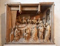 Circa 1500 oak high-relief sculpture titled `The Dormition of the Virgin` in the Cloisters in New York City.